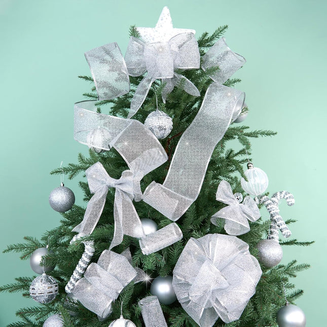 Christmas Wired Ribbon Silver Glitter Burlap Ribbon for Topper Bow, 4'' x 10 Yds