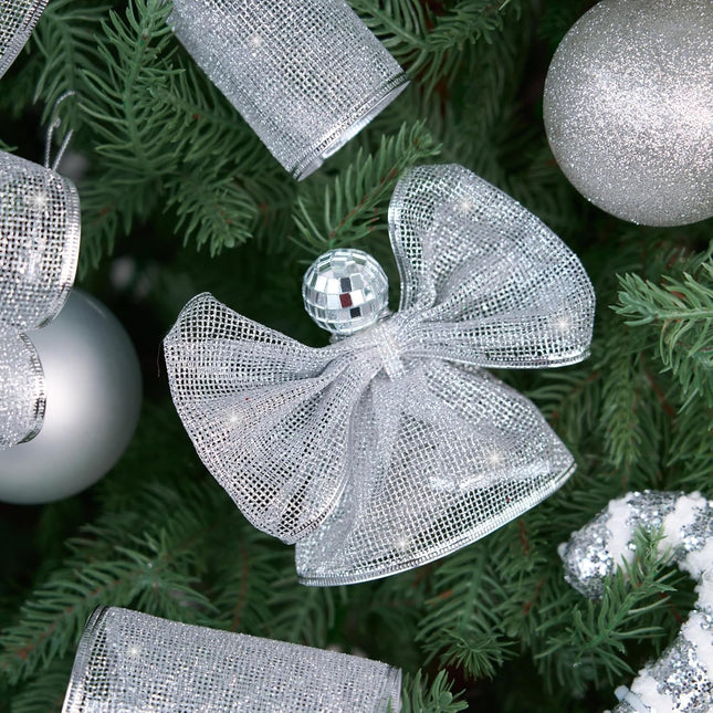 Christmas Wired Ribbon Silver Glitter Burlap Ribbon for Topper Bow, 4'' x 10 Yds