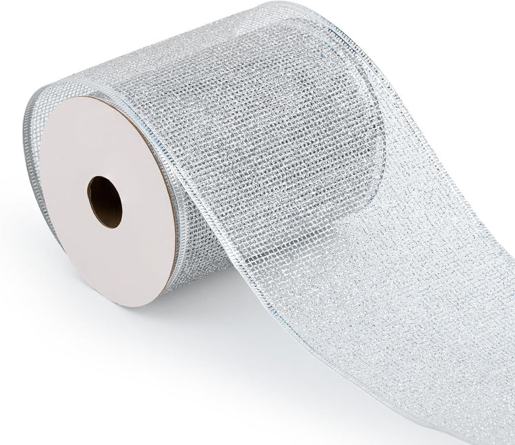 Christmas Wired Ribbon Silver Glitter Burlap Ribbon for Topper Bow, 4'' x 10 Yds