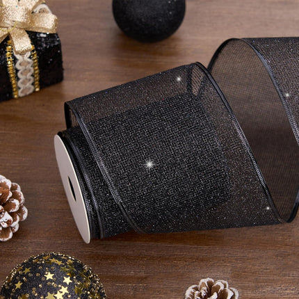 4 Inch Christmas Ribbon Wired, Black Glittered