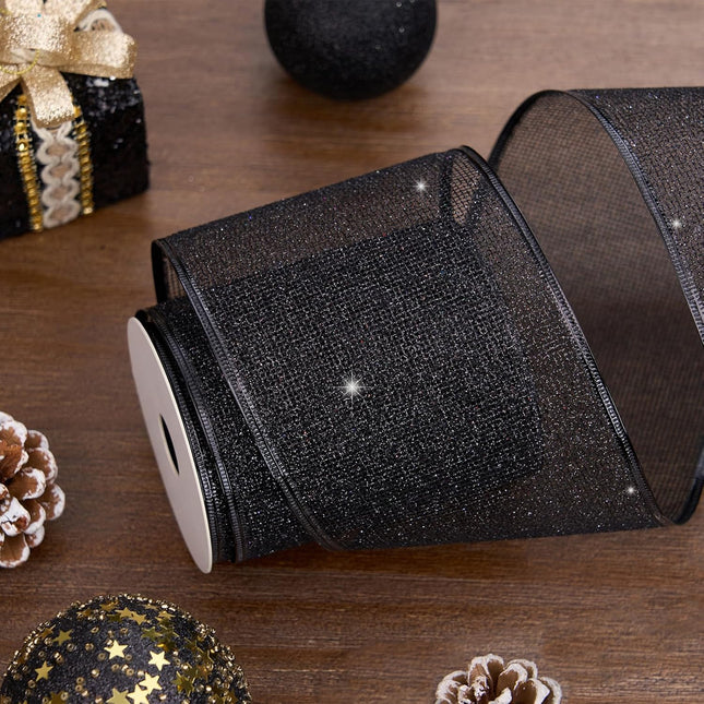 4 Inch Christmas Ribbon Wired, Black Glittered