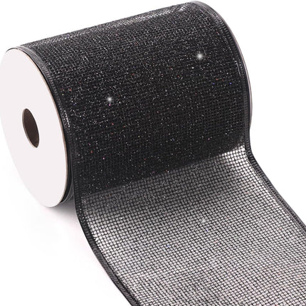 4 Inch Christmas Ribbon Wired, Black Glittered