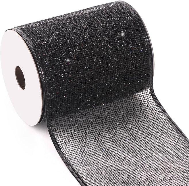 4 Inch Christmas Ribbon Wired, Black Glittered