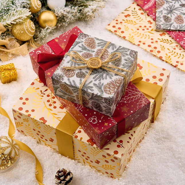 Gold Foiled Christmas Soft Gift Boxes w/ Stickers for Gift Wrapping, Pack of 12
