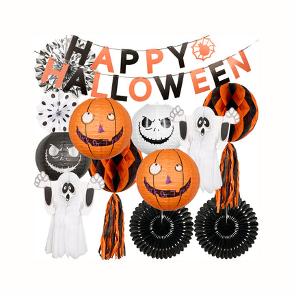 Halloween Decoration Ghost Face Latern Paper Honeycomb Pompom Party Set, 13Pcs