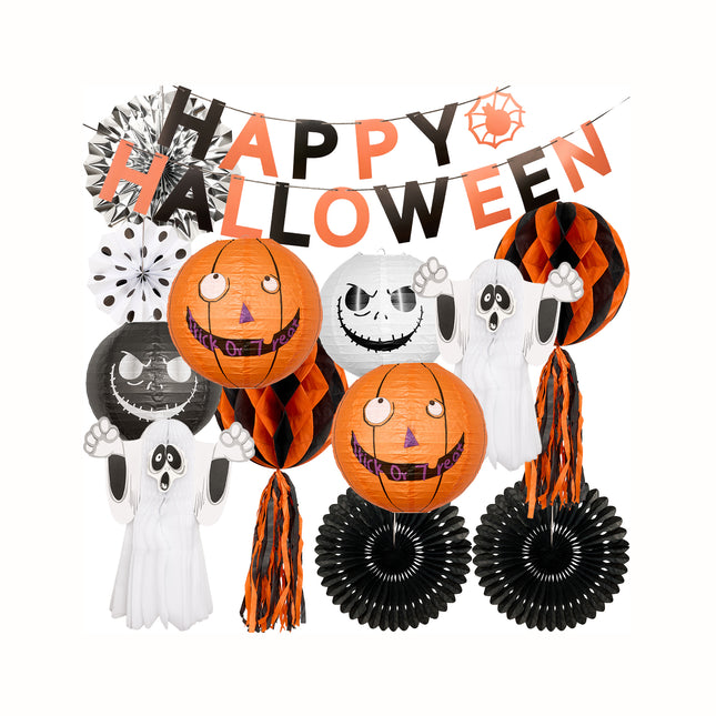Halloween Decoration Ghost Face Latern Paper Honeycomb Pompom Party Set, 13Pcs