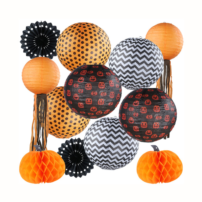 Halloween Decoration Pumpkin Honeycomb Paper Lantern Party Set, 12Pcs