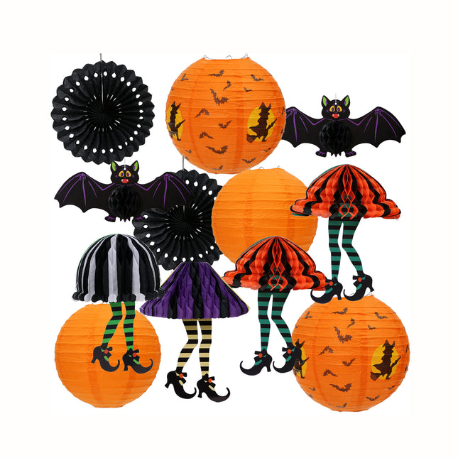 Halloween Decoration Pumpkin Paper Lantern and Magical Witch Party Set, 12Pcs