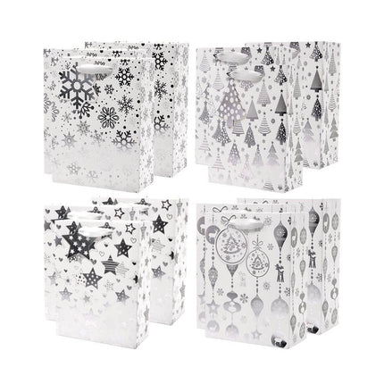 Medium-Sized Metallic Silver Gift Bags Bulk, Pack of 12