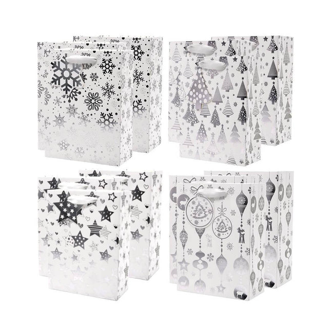 Medium-Sized Metallic Silver Gift Bags Bulk, Pack of 12