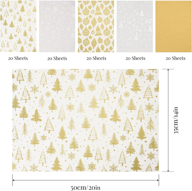 20" x 14" Metallic Gold Silver Tissue Paper Mixed Pattern Xmas Tree, Pack of 100