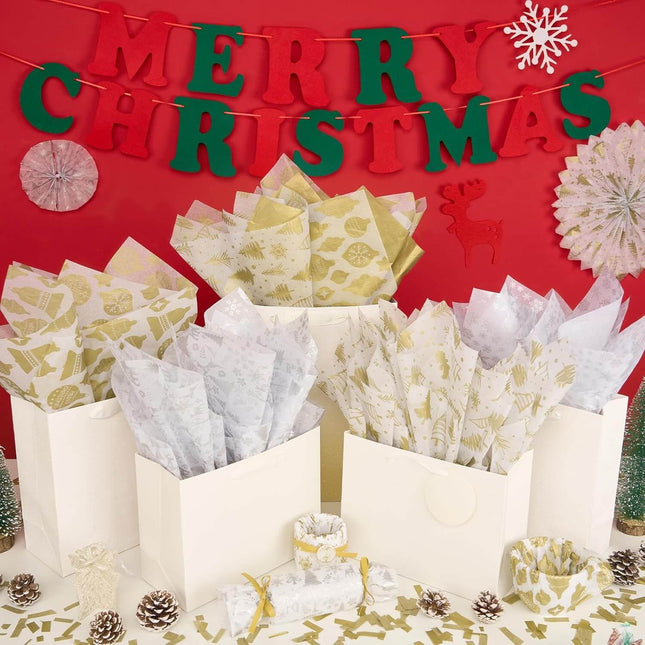 20" x 14" Metallic Gold Silver Tissue Paper Mixed Pattern Xmas Tree, Pack of 100