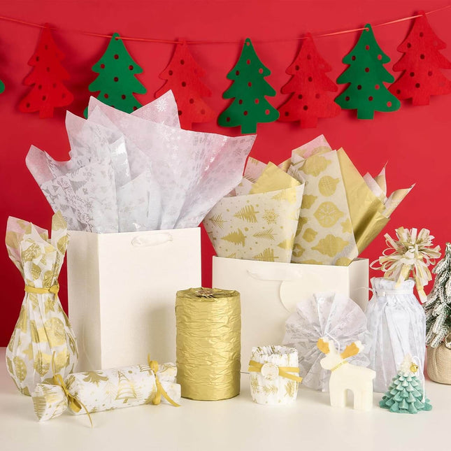 20" x 14" Metallic Gold Silver Tissue Paper Mixed Pattern Xmas Tree, Pack of 100