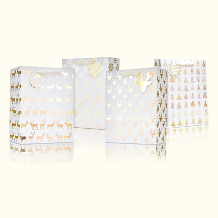 Metallic Gold Christmas Prints Large Gift Bags, Pack of 12