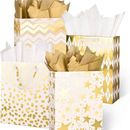 Metallic Gold Foil Gift Bags Bulk with White Tissue, Pack of 12