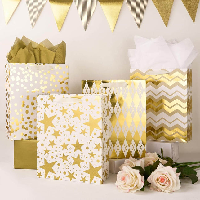 Metallic Gold Foil Gift Bags Bulk with White Tissue, Pack of 12