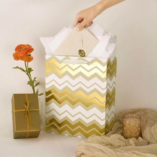 Metallic Gold Foil Gift Bags Bulk with White Tissue, Pack of 12