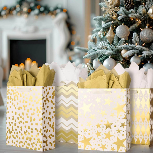 Metallic Gold Foil Gift Bags Bulk with White Tissue, Pack of 12