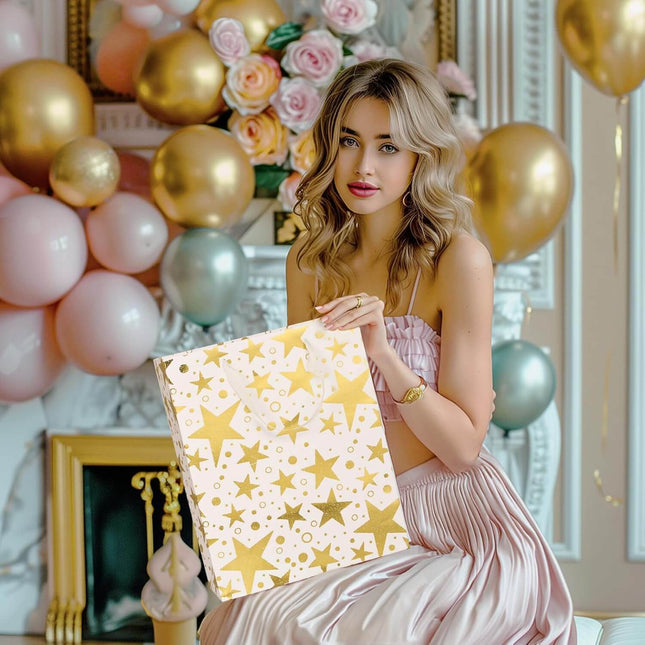 Metallic Gold Foil Gift Bags Bulk with White Tissue, Pack of 12