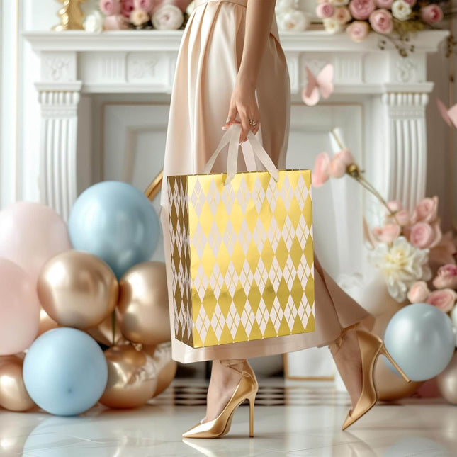 Metallic Gold Foil Gift Bags Bulk with White Tissue, Pack of 12