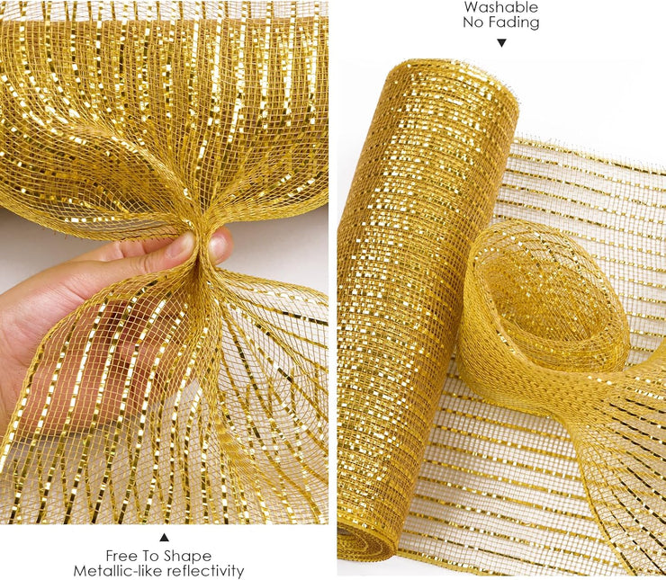 Metallic Gold Poly Burlap Deco Mesh Ribbon Fabric Wrapping Ribbon, 10" x10 Yds