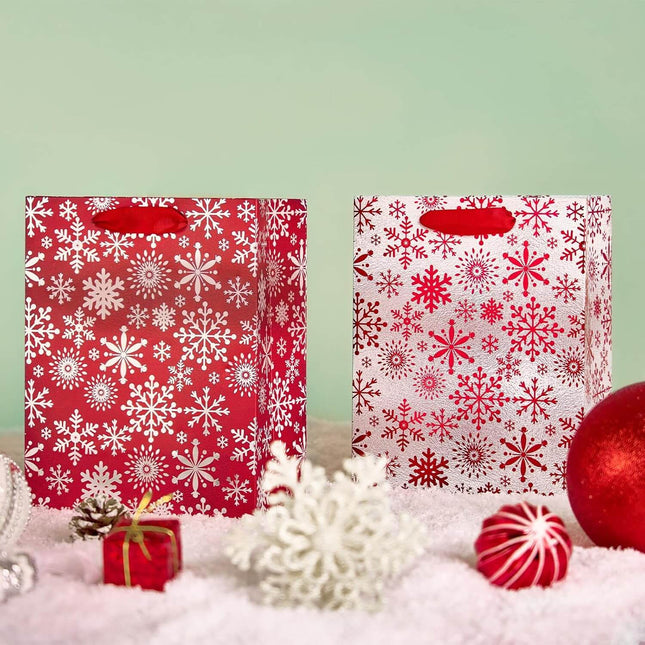 Posh Paper Metallic Red Silver Christmas Gift Bags Bulk, Pack of 12