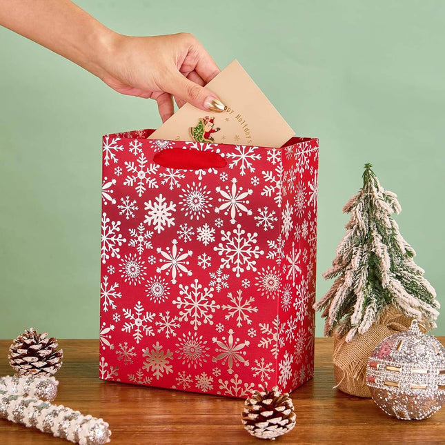 Posh Paper Metallic Red Silver Christmas Gift Bags Bulk, Pack of 12