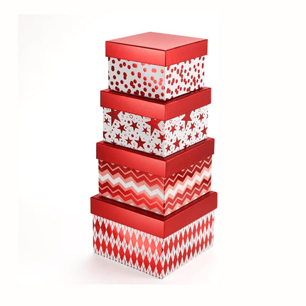 Metallic Red Foil Geometry Flat Square Cardboard Christmas Nesting Gift Box, Set of 4