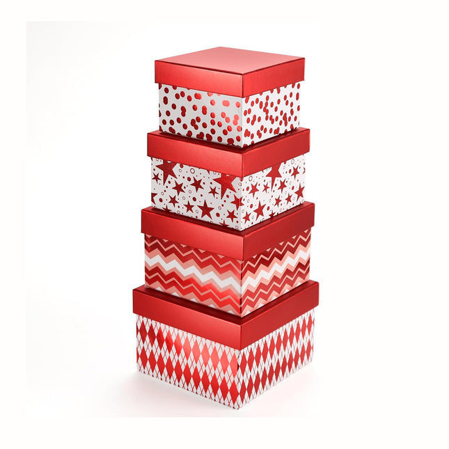 Metallic Red Foil Geometry Flat Square Cardboard Christmas Nesting Gift Box, Set of 4