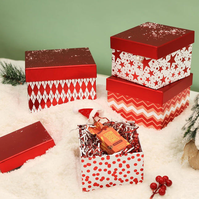 Metallic Red Foil Geometry Flat Square Cardboard Christmas Nesting Gift Box, Set of 4