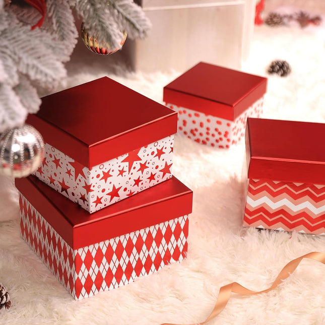 Metallic Red Foil Geometry Flat Square Cardboard Christmas Nesting Gift Box, Set of 4