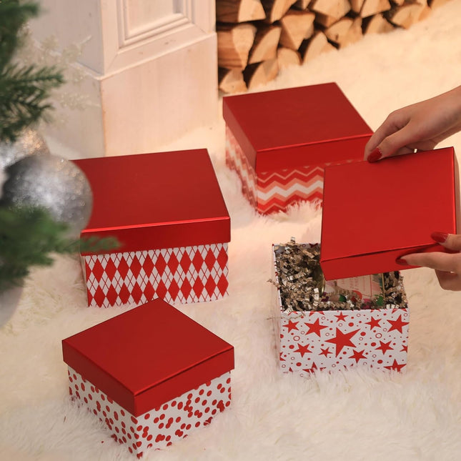 Metallic Red Foil Geometry Flat Square Cardboard Christmas Nesting Gift Box, Set of 4