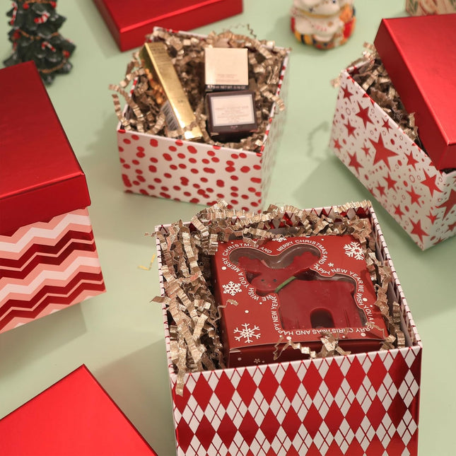 Metallic Red Foil Geometry Flat Square Cardboard Christmas Nesting Gift Box, Set of 4