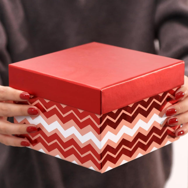 Metallic Red Foil Geometry Flat Square Cardboard Christmas Nesting Gift Box, Set of 4