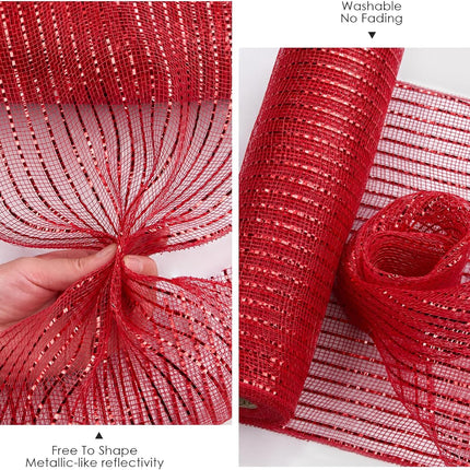 Metallic Red Poly Burlap Deco Mesh Ribbon Fabric Wrapping Ribbon, 10" x 10 Yds
