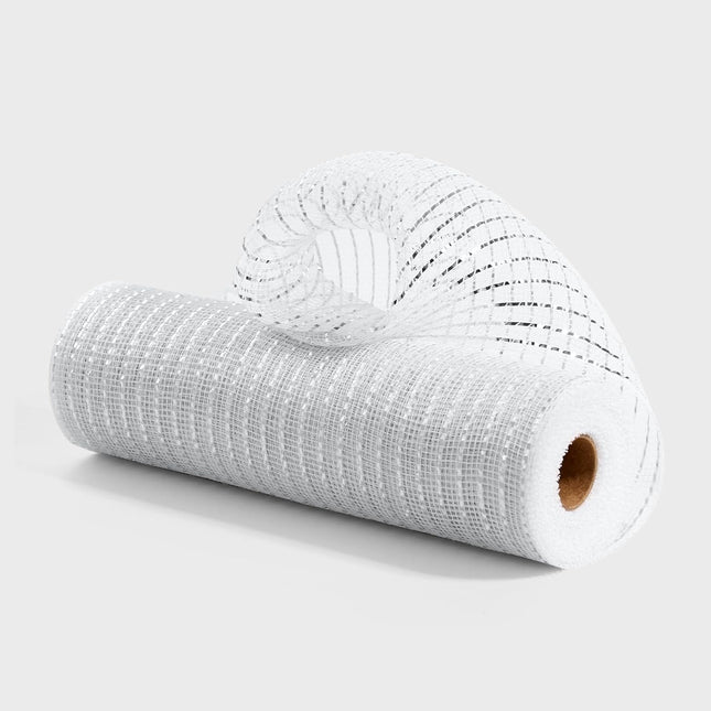 Metallic White Silver Poly Burlap Deco Mesh Ribbon Fabric Wrapping Ribbon, 10" x10 Yds