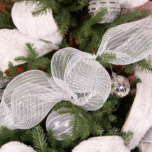 Metallic White Silver Poly Burlap Deco Mesh Ribbon Fabric Wrapping Ribbon, 10" x10 Yds