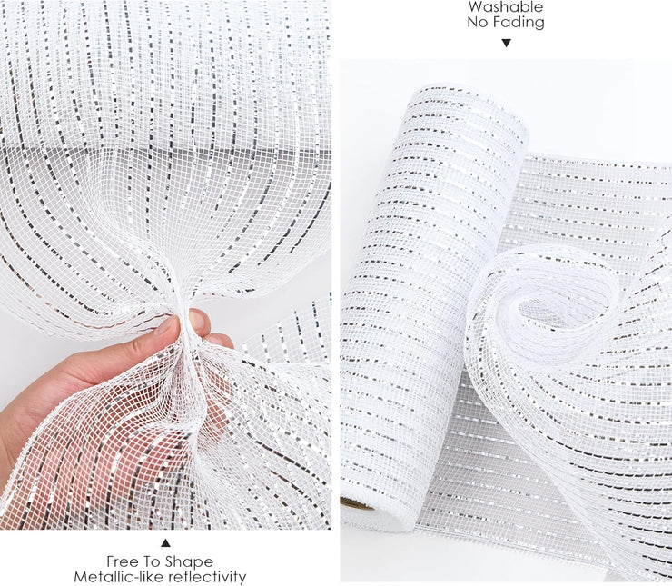 Metallic White Silver Poly Burlap Deco Mesh Ribbon Fabric Wrapping Ribbon, 10" x10 Yds