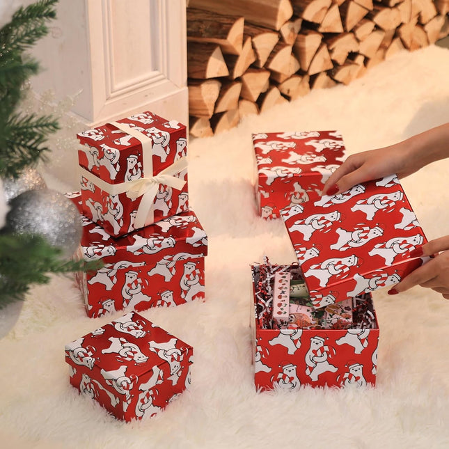 Polar Bear & Candy Canes Prints Christmas Nesting Gift Box, Set of 5