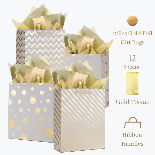 Posh Paper 12 1⁄2“ Large Gift Bags Bulk with Tissue Paper, Set of 12
