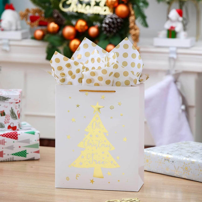 Posh Paper 12 Pcs Large Present Gift Bags, Gold Christmas Prints Bags