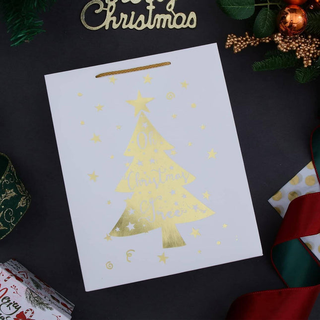 Posh Paper 12 Pcs Large Present Gift Bags, Gold Christmas Prints Bags