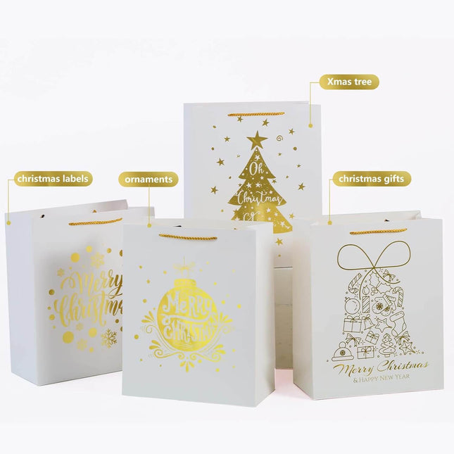 Posh Paper 12 Pcs Large Present Gift Bags, Gold Christmas Prints Bags