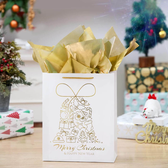 Posh Paper 12 Pcs Large Present Gift Bags, Gold Christmas Prints Bags