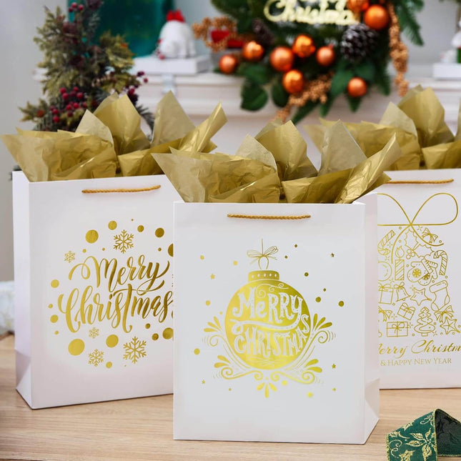 Posh Paper 12 Pcs Large Present Gift Bags, Gold Christmas Prints Bags