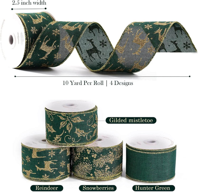 Posh Paper Christmas Ribbons Wired, Green Christmas Ribbons, 40 Yards