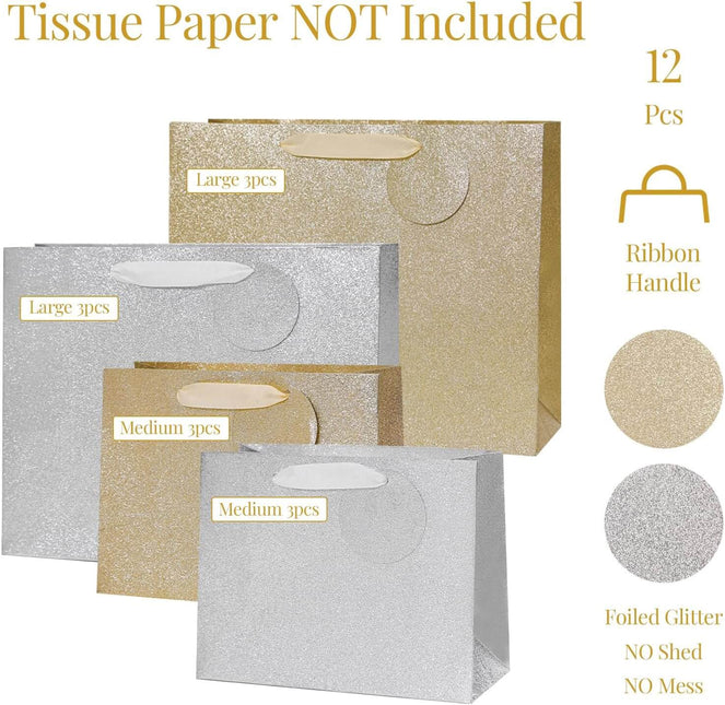 Posh Paper 9“ and 12 1⁄2“ Gift Bags, Large Gift Bags, Pack of 12