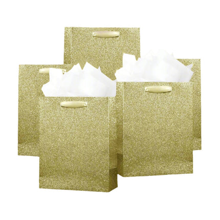 Posh Paper 9 1⁄4“ Gold Glitter Gift Bags, Bulk with Set of 12, Comes with 24 Pcs Tissue Paper