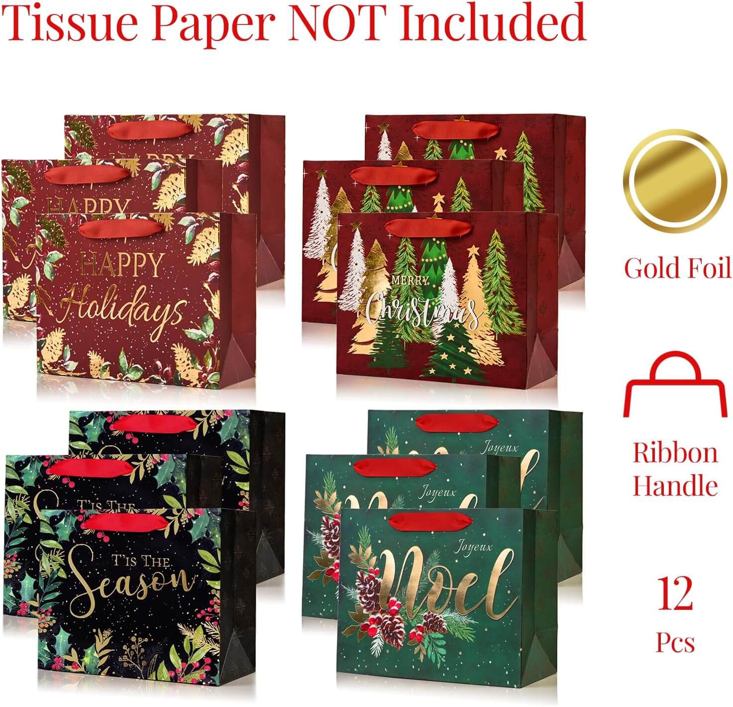 9 1⁄4“ Christmas Tree Gift Bags, Green and Red, Medium Size – Posh Paper