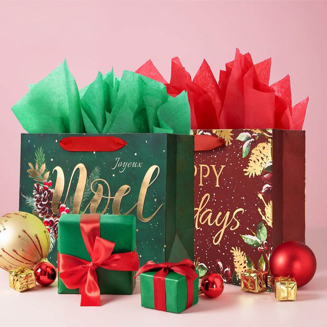 Posh Paper 9 1⁄4“ Christmas Tree Gift Bags, Green and Red, Medium Size